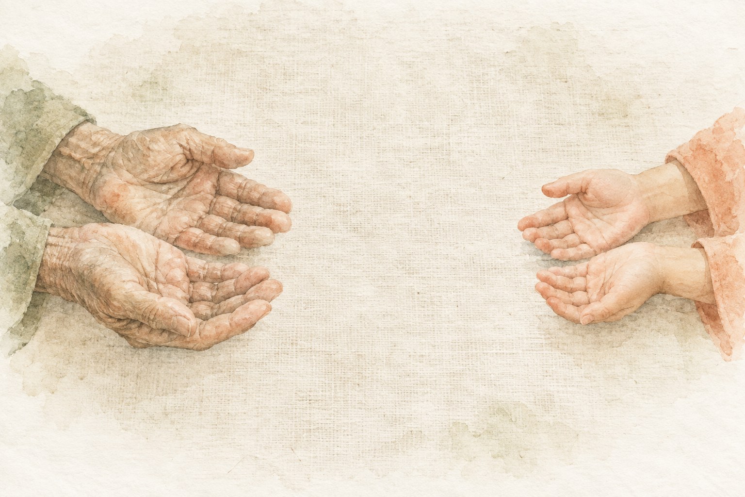 生成りの布の上で、皺の深い大きな手のひらと、小さな手のひらが、向かい合って上を向いて開いている水彩画。あいだには何も置かれていない。
