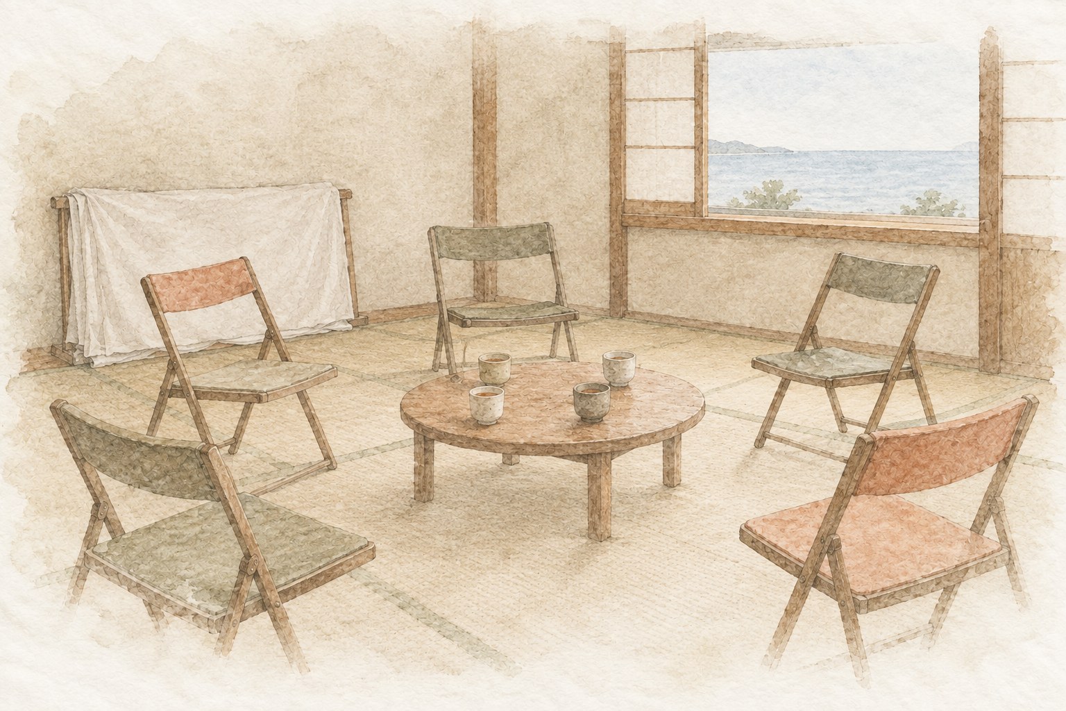 上映会が終わったあとの部屋。折りたたみ椅子がゆるい半円に並び、中央の机に飲みかけの湯呑みが数個。窓の外に遠く海が見える水彩画。