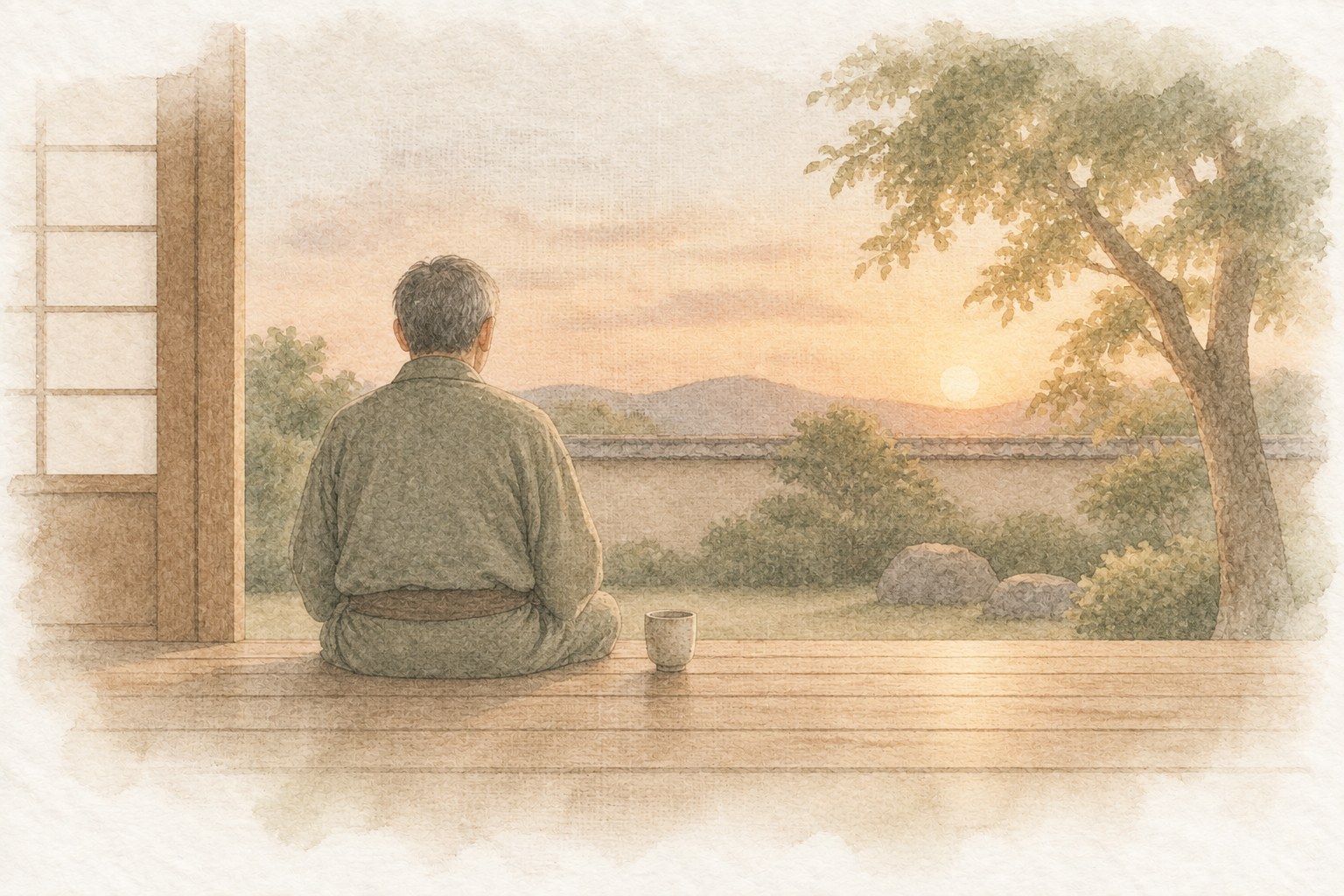 夕方の縁側に腰を下ろした男性の後ろ姿。肩がわずかに落ちている。傍らに湯気の消えた湯呑み、庭に木が一本ある水彩画。