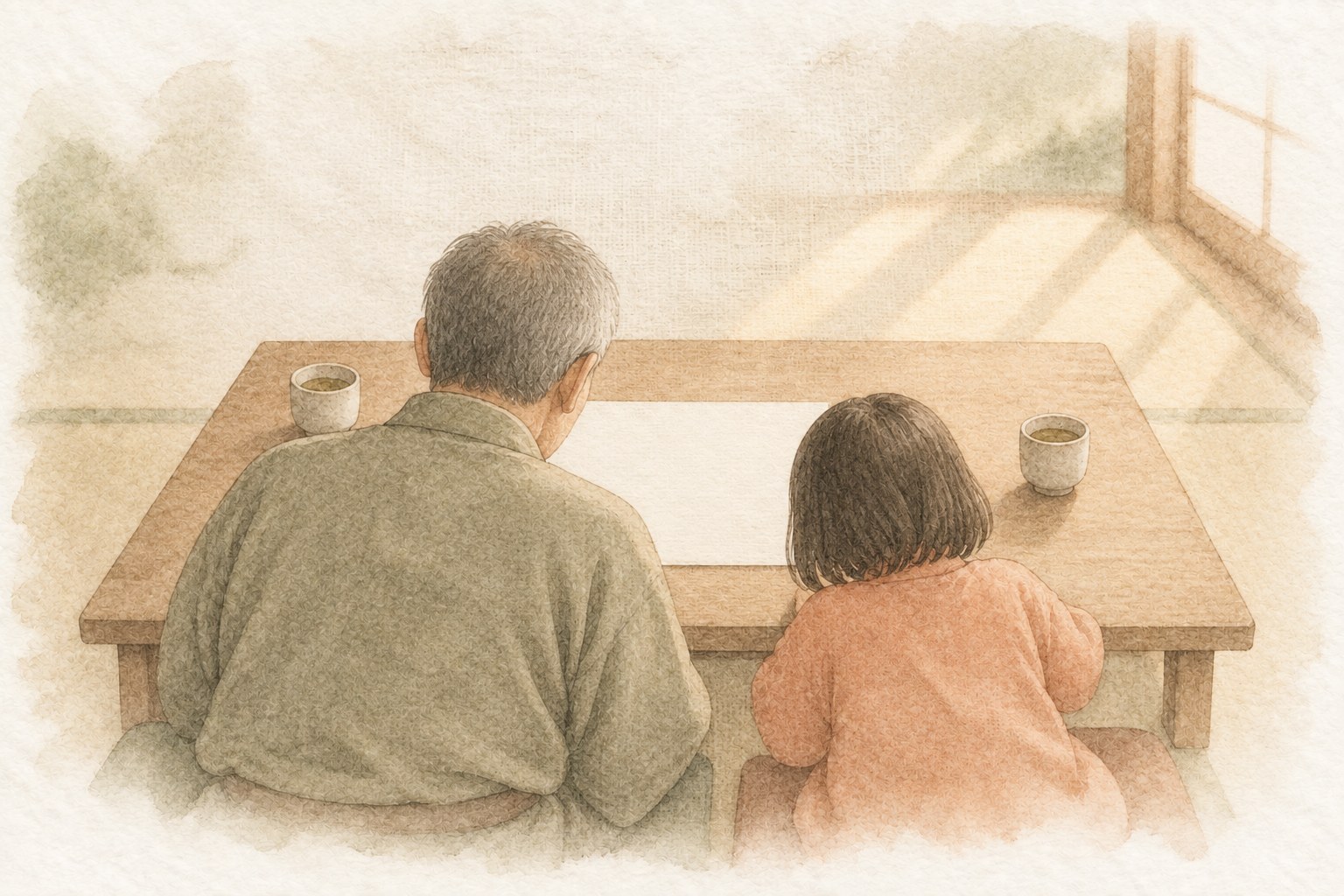 食卓で大人と子どもの後ろ姿が並び、机の上の白いままの紙面を一緒に覗きこんでいる水彩画。湯呑みが二つ。