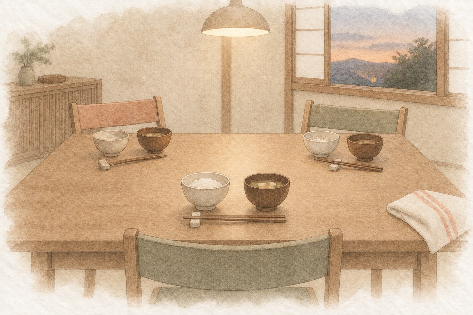 夕餉のあとの食卓を少し上から見た水彩画。三人分の茶碗と汁椀のうち、一人分だけ箸が揃ったまま手つかずになっている。