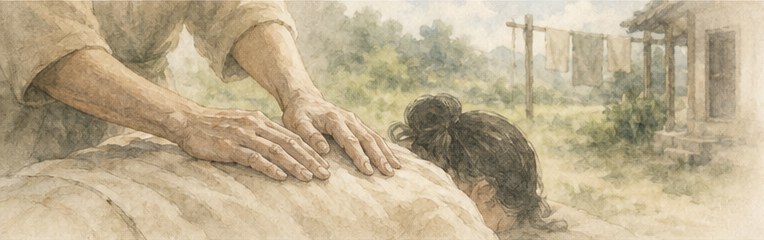 横たわった人の背中に両手がそっと添えられている水彩画。奥に、物干しと開いた戸口と畑が見える。