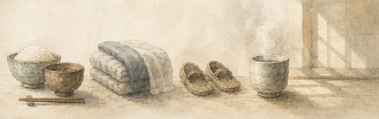 飯茶碗と汁椀と箸、たたまれた寝具、土間の履き物、湯気の立つ茶が、光の入る部屋に横一列に並ぶ水彩画。
