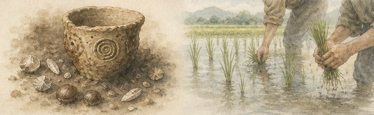 左に、土に埋もれた縄文の器と貝がら・木の実。右に、水を張った田で苗を植える二人の手。左から右へ時間が流れる水彩画。