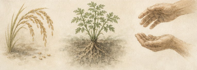 左に実った稲の穂と落ちた籾、中央に根まで透けて見える当帰の株、右に何かを渡す手と受け取る開いた手のひらが並ぶ水彩画。