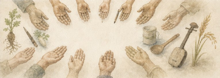 さまざまな年齢の手のひらが上を向いて輪をつくり、そばに根・小刀・筆・糸巻・木の匙・楽器・稲穂が置かれている水彩画。輪の中心は空いている。