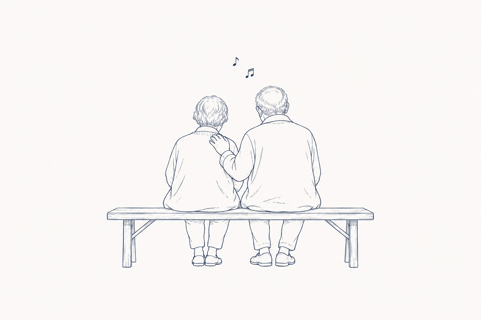 並んで座る二人の後ろ姿。ひとりの手が、もうひとりの肩に