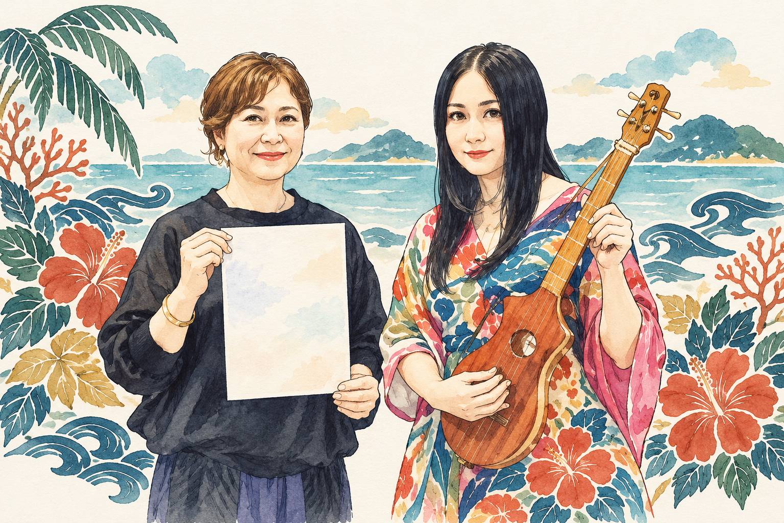 金城弘美さんと中嶋晃子さんを、八重山の海と草花とともに描いたイラスト