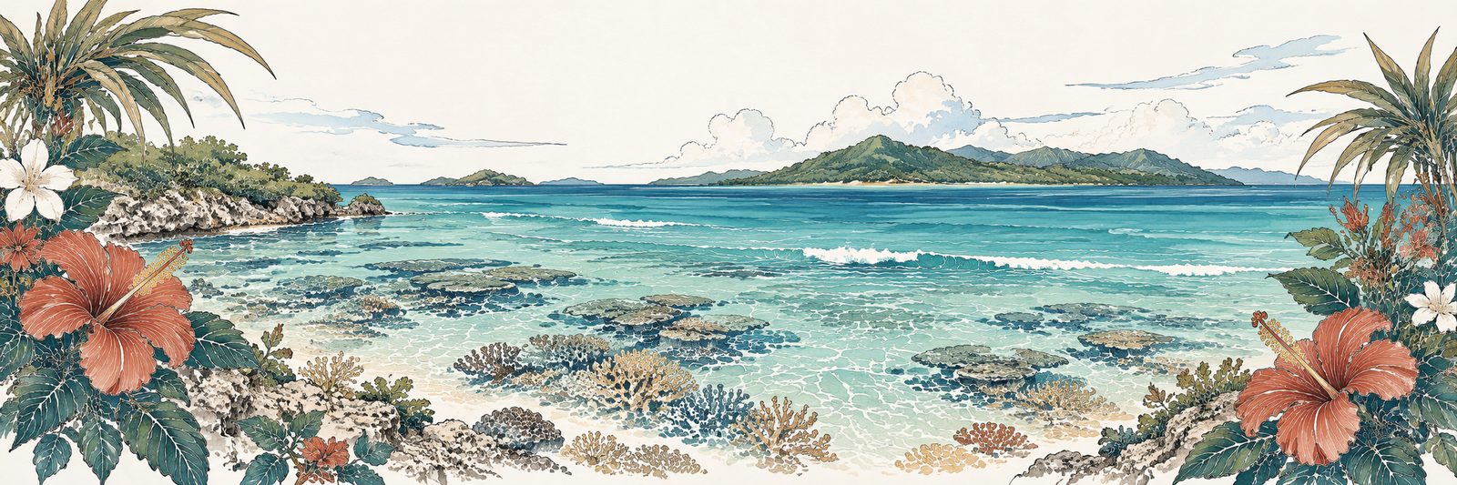 八重山の青い海、珊瑚、島影とハイビスカスを描いた挿絵