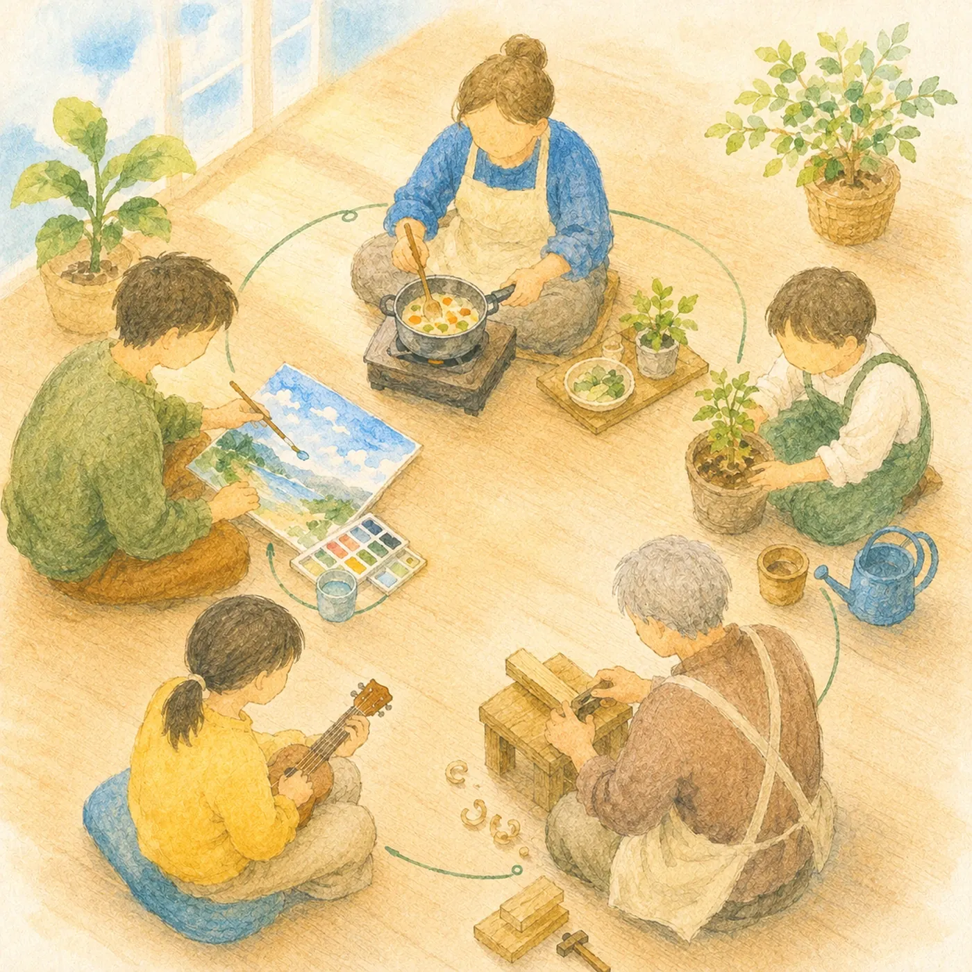 円になって座る大人と子ども。絵、料理、植物、木工、音楽。それぞれの得意が細い線でつながっている。