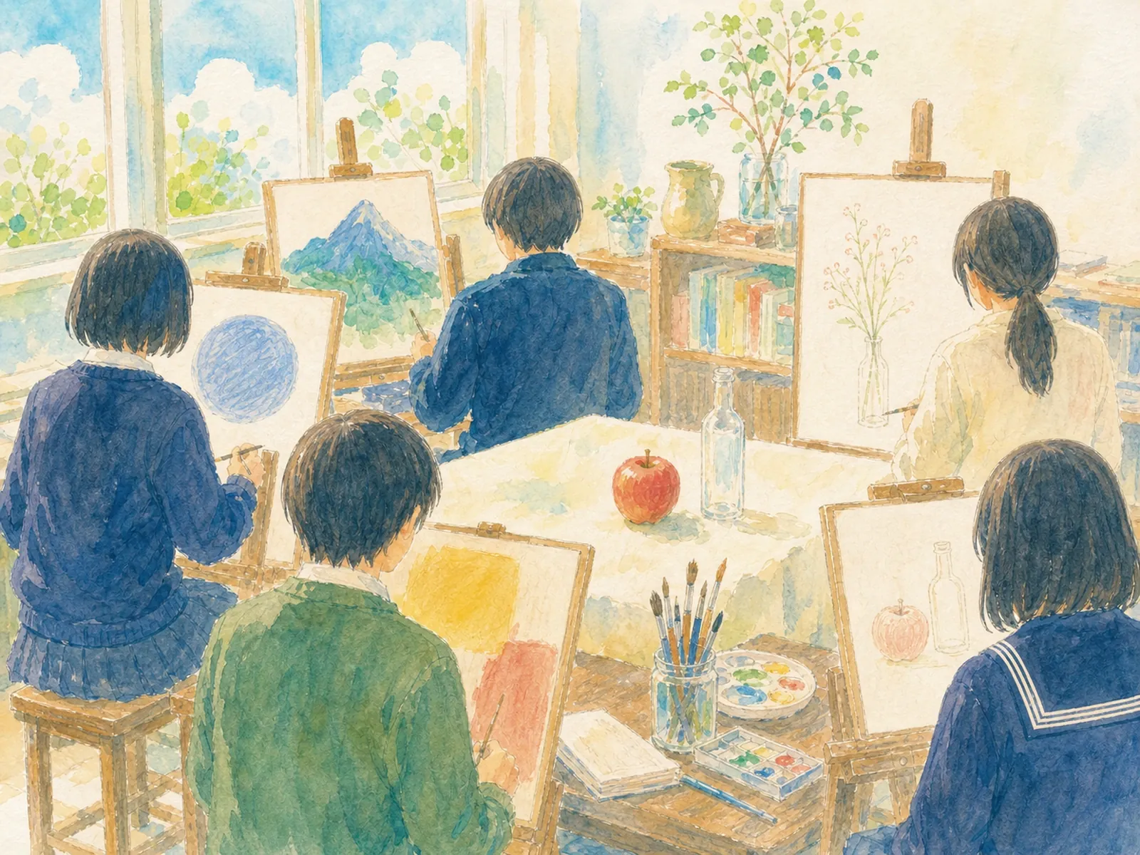 美術室。同じモチーフを見ながら、それぞれ全く違う作品を描く人たち。