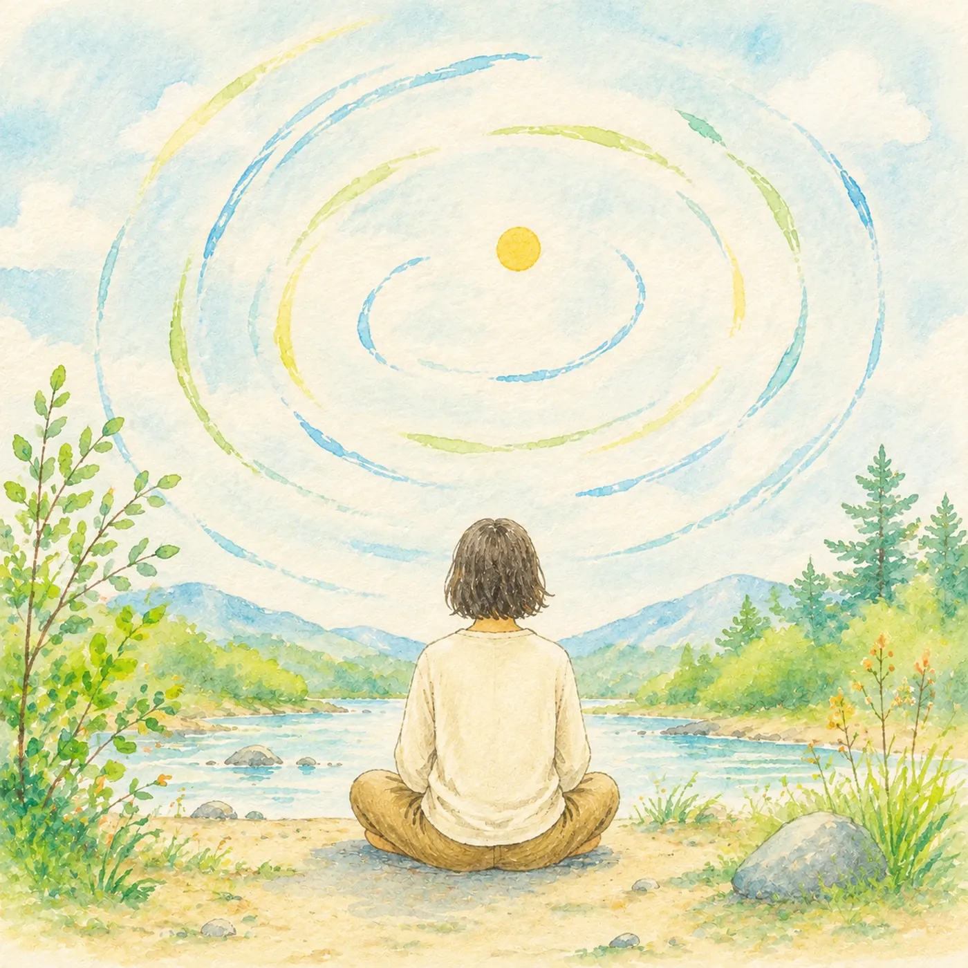 静かに座る人の周りに、呼吸・風・水・光がゆるく円を描く。
