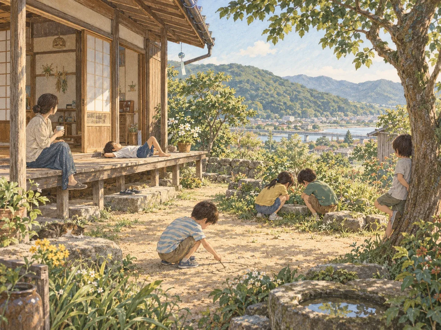 夕方の光の中、縁側のある家で、大人が少し離れて見守るなか、子どもたちが思い思いに過ごしている。