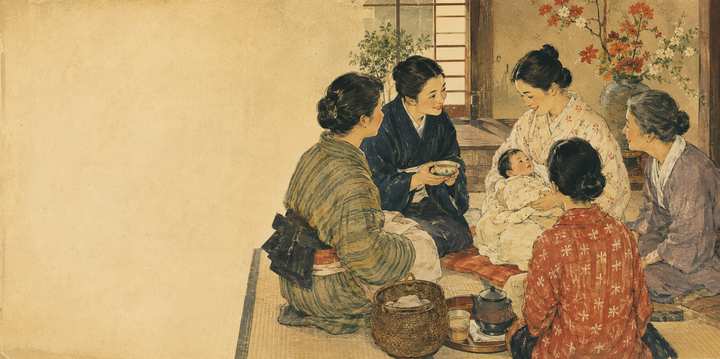 畳の部屋で、赤ん坊を抱いた母親を囲み、年齢の異なる女性たちが車座になって語らっている様子を描いた水彩画。