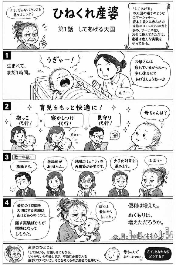 4コマ漫画「ひねくれ産婆」第1話 してあげる天国。生まれて一時間の赤ん坊が「少し休ませてあげましょうね」と母親から離される場面にはじまり、抱っこ代行・寝かしつけ代行・見守り代行が並ぶ「育児をもっと快適に！」の広告、数十年後に孤独や居場所のなさを語る人々の姿へと続く。最後に産婆が赤ん坊を抱いて「便利は増えた。ぬくもりは、増えただろうか」と問いかける。