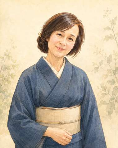 藍の着物に生成りの帯を締め、やわらかにほほえむ女性。水彩で描かれた挿絵。背景は淡い草木。